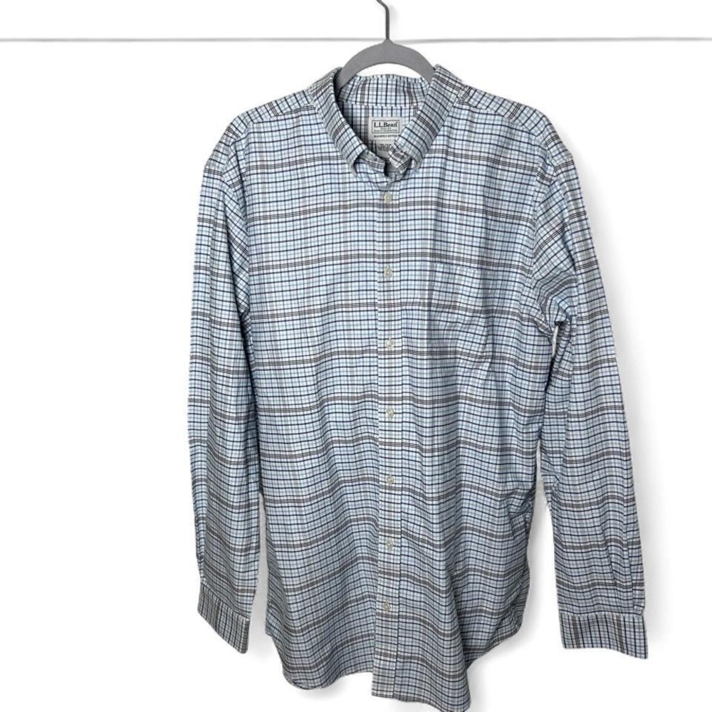 LL Bean Shirt Men XXL Blue Plaid Slightly Fitted Button Down Long Sleeve